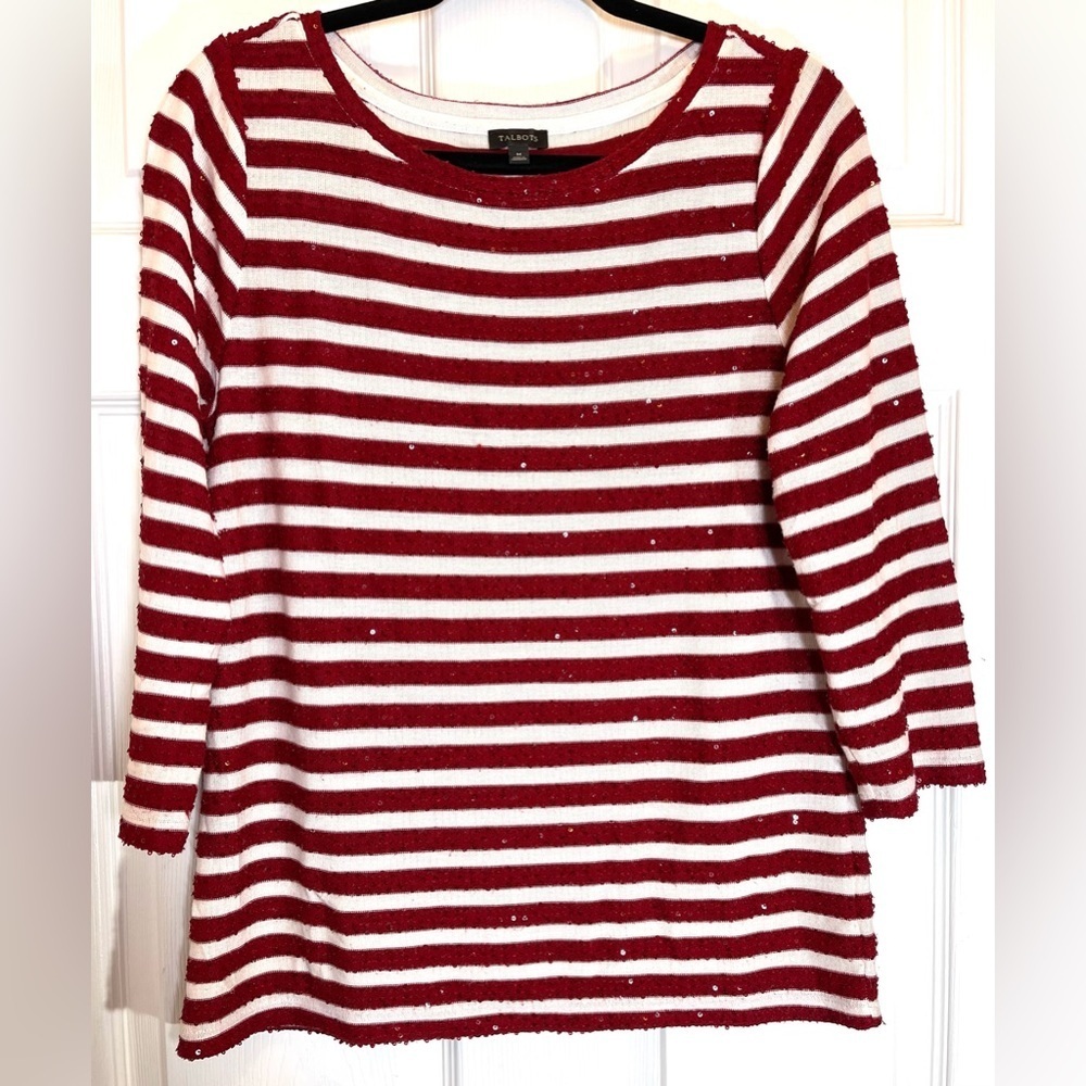 TALBOTS Women’s Red and White Stipe Sequin 3/4” Sleeve Top‎ Size Medium